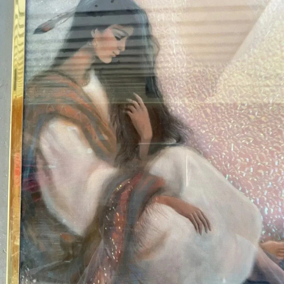 Rare VTG Judy Mastrangelo Foil Art Print Maiden & Moon Framed 8x10" Native Girl - Picture 3 of 10